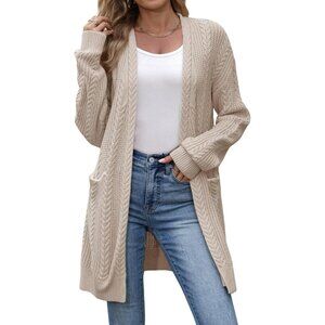 Women's Cable Knit Cardigan Sweater Longline Fall Jacket Pockets Cozy